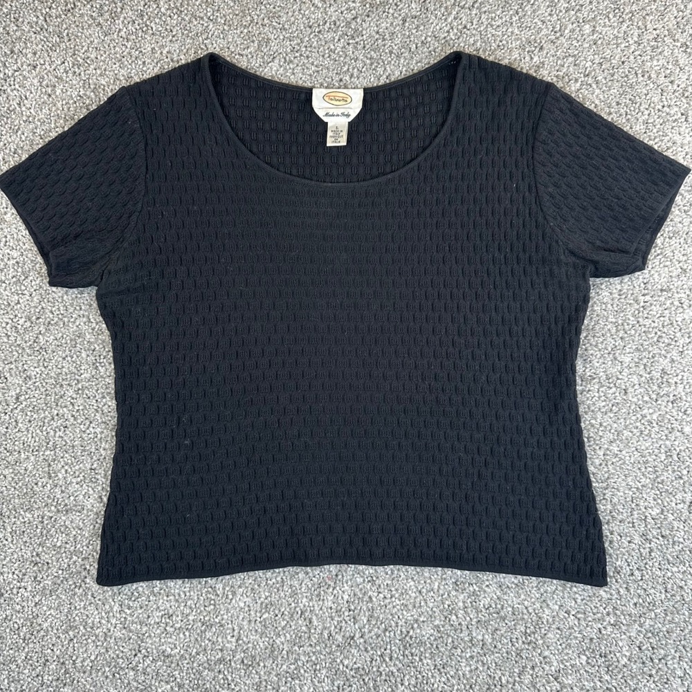 Talbots Shirt Size L Italy Black Boxy Knit Scoop Neck S/S Career Minimalist